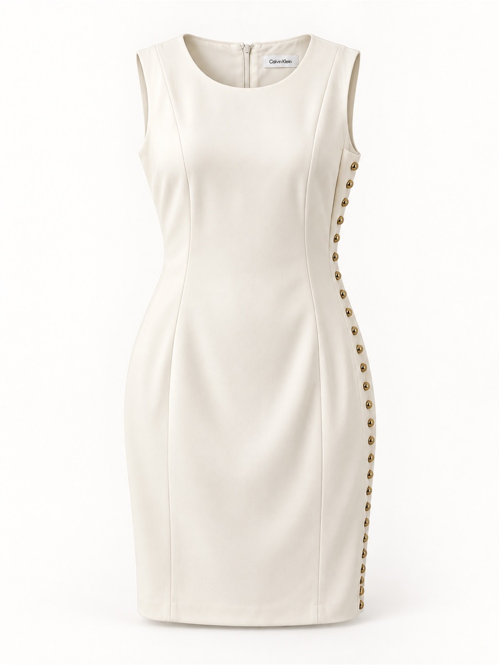Ivory Sleeveless Sheath Dress with Side Gold Buttons